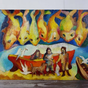 Pescatori e gabbiani, dipinto a olio, opera d&#39;arte originale, dipinto di pesci, pittura marittima, arte ucraina, scena portuale