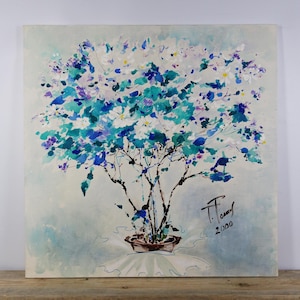 Pintura de flores en técnica mixta sobre lienzo, obra de arte original, artista ucraniana Holembievska, pintura de ramo floral