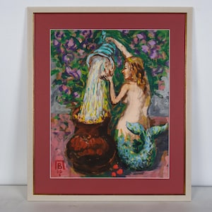 Female Mermaid Acrylic Painting Paper, Ukrainian Artist Pavlov, Original Artwork, Vintage Figurative Art, Small Framed Art