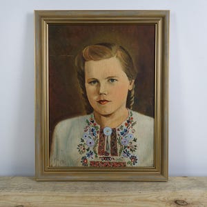 Pretty Girl Oil Painting on Hardboard, Original Art Work, Ukrainian Artist, Small Vintage Art, Framed Female Portrait