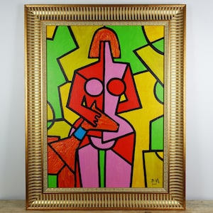 Female Figure Oil Painting on Canvas, Female Silhouette with Dog Art Work, Framed, Figurative Art, Ukrainian Artist Mykhalchuk