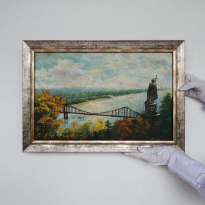 River Landscape Oil Painting on Canvas, Original Art Work, Monument Painting, Ukrainian Art, Bridge Painting, European Fine Art