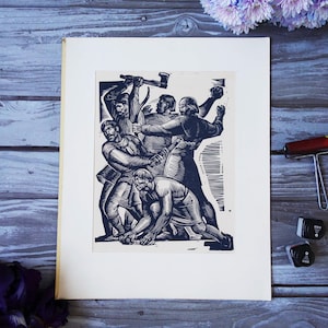 Industrial Strength Linocut Laborers, Original Art Work, Original Graphic, Ukrainian Artist, Workers Art