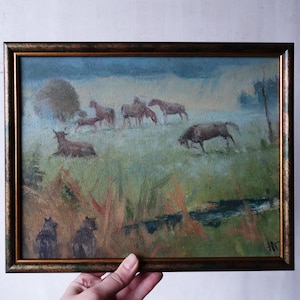 Landscape with Animals Oil Painting, Original Art Work, Vintage Oil Painting, European Fine Art, Ukrainian Artist Kizenko, Tiny Framed Art
