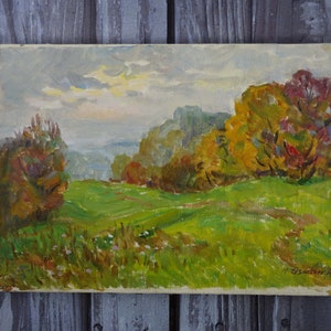 Peinture à l&#39;huile de paysage d&#39;automne, oeuvre d&#39;art originale, artiste ukrainien, oeuvre d&#39;art européenne, peinture d&#39;arbres et d&#39;allée, petite peinture à l&#39;huile