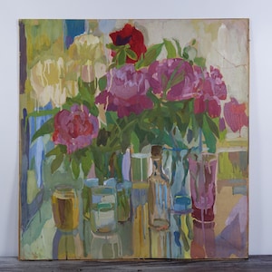 Naturaleza muerta con flores, pintura al temple, obra de arte original, artista ucraniano, pintura vintage, pintura de peonías, arte con botellas