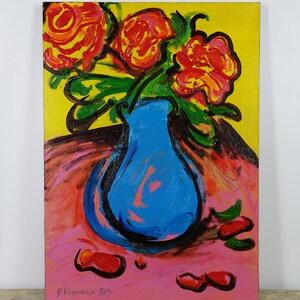 Bodegón floral, pintura al óleo sobre lienzo, obra de arte original y colorida, flores en un jarrón, artista ucraniano Mykhalchuk