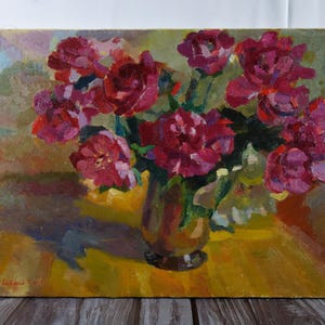 Pintura al óleo de peonías, obra de arte original, artista ucraniano, pintura de flores de colores, arte de naturaleza muerta floral, obra única