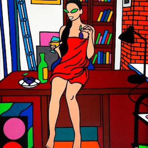 Female Figure Oil Painting on Canvas, Ukrainian Artist Mykhalchuk, Gourmet Delight Art,  Woman Enjoying Wine and Plum in Study Room