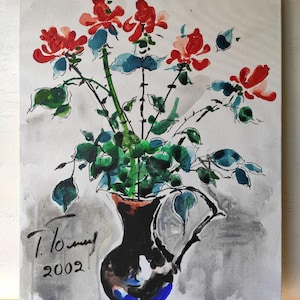 Pintura acrílica de rosas sobre lienzo, obra de arte original, pintura de buenas vibraciones, pintura de flores en jarrón, artista ucraniana Holembievska