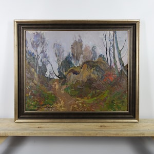 Peinture à l&#39;huile de paysage d&#39;automne, art vintage, beaux-arts européens, art des arbres du chemin de la tranquillité, art encadré, artiste ukrainien