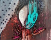 Original Painting, Paint Drip Face Portrait of Woman, Feather Neck Scarf, Teal, Pink, Orange, Black White Curtains, Wall Art, Home Decor