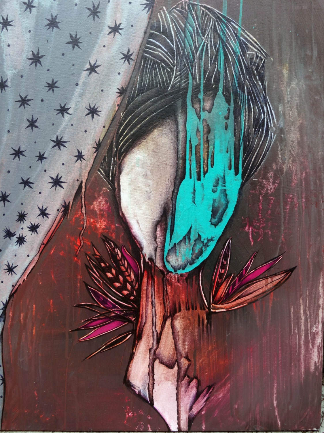 Original Painting Paint Drip Face Portrait of Woman Feather Etsy