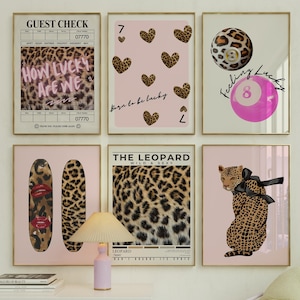 Pink Leopard Wall Art Set of 6, Pink Dorm Wall Decor, Trendy Girly Wall Prints Aesthetic, Digital Download, Cheetah Poster