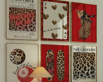 Red Leopard Wall Art Set of 6, Pink Dorm Wall Decor, Trendy Girly Wall Prints Aesthetic, Digital Download, Cheetah Poster