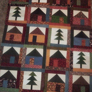 Scrappy Quilt Blocks, Framed Houses and Trees (Set of 16, 8.5 inch)
