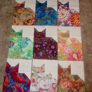 Set of 9 Kaffe Fassett Collective Large Cat Quilt Blocks 8 1/4 x 12 3/4 inches