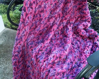 Hand Crocheted Afghan Blanket Throw in Verigated Pinks and Lavendar Free Shipping