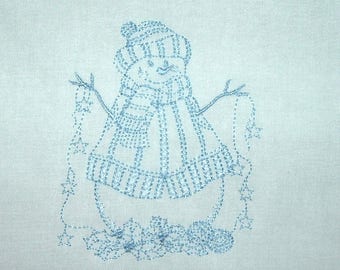 Set of 12 Machine Embroidered Quilt Blocks Happy Icy Blue Snowmen 9 inches