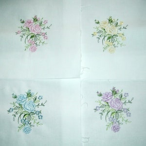Set of 4 Machine Embroidered Floral Quilt Blocks 8.5 inches