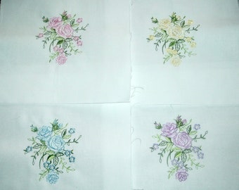 Set of 4 Machine Embroidered Floral Quilt Blocks 8.5 inches