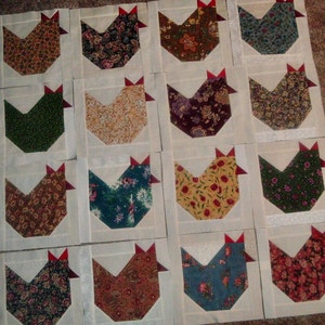 Set of 12 Already Pieced Scrappy Chickens Hens Quilt Blocks Presewn 9 x 9 inches image 4