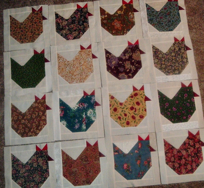 Set of 12 Already Pieced Scrappy Chickens Hens Quilt Blocks Presewn 9 x 9 inches image 4