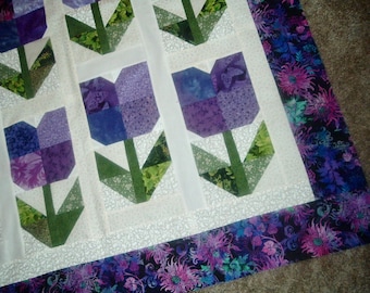 Quilt Top to Finish Tulip Garden in Purples 41 x 51 inches