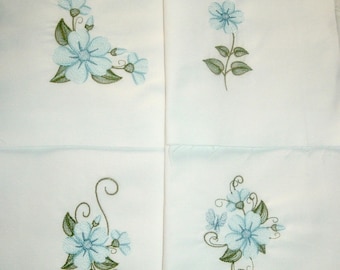 Set of 4 Embroidered Quilt Blocks Floral in Blues 9 inches