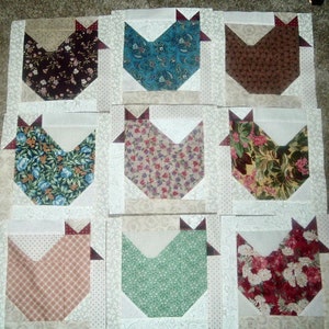 Set of 12 Already Pieced Scrappy Chickens Hens Quilt Blocks Presewn 9 x 9 inches image 3