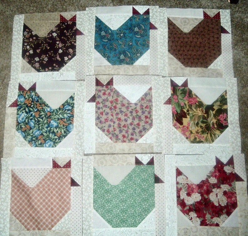 Set of 12 Already Pieced Scrappy Chickens Hens Quilt Blocks Presewn 9 x 9 inches image 3