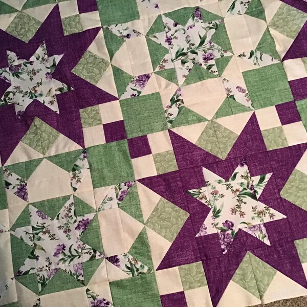 Quilt Top to Finish Floral Stars Purple Greens 48 x 48 inches