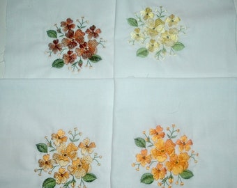 Set of 4 Machine Embroidered Quilt Blocks Beautiful Flowers 9 inches