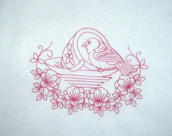 Set of 12 Machine Embroidered Quilt Blocks Birds and Teacups 9 inch Blocks