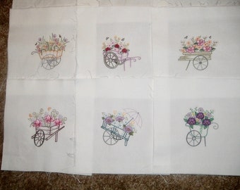 Set of 9 Machine Embroidered Quilt Blocks Vintage Style Floral Carts 9 inches