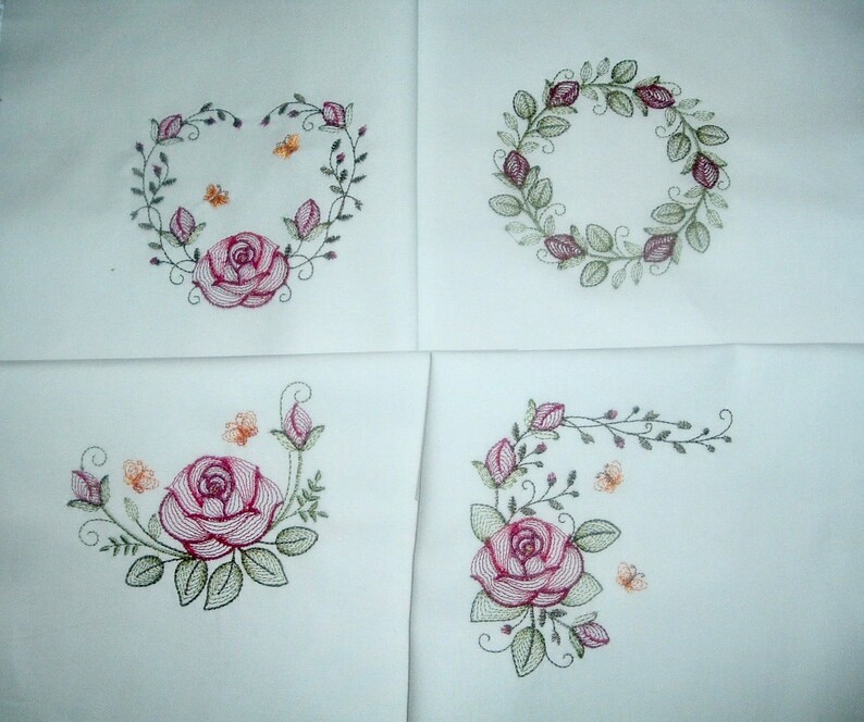 Set of 4 Embroidered Quilt Blocks Roses in Red and Pinks 8.5 inches