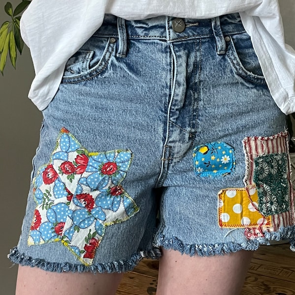 Women's denim cut-off shorts - boho, hippie, patchwork, concert shorts, festival shorts, OOAK, size 4