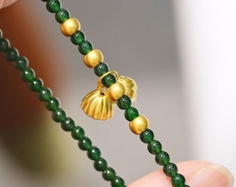 24K Gold Natural Top Green Type A Jadeite Jade Bracelet, Natural Jadeite Bracelet, Stylish Bracelet,Green Jade Bracelet,Jade Beaded Bracelet