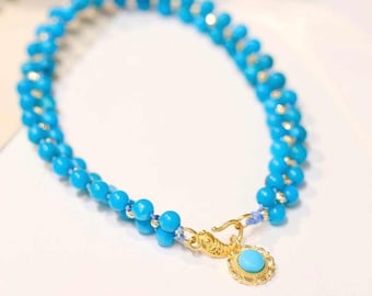 18K Yellow Gold Natural Blue Turquoise Bracelet, 18K Yellow Gold Sleeping Beauty Turquoise Bead Bracelet, Gold Turquoise Jewelry