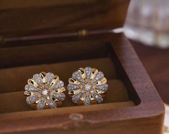 Pendientes de girasol de diamantes naturales de oro amarillo de 18K, pendientes de girasol de oro, pendientes simples y elegantes, pendientes de diamantes reales