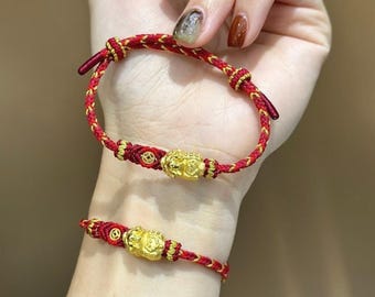 Pulsera de cuerda roja de buena suerte Pi Xiu 貔貅 de oro de 24 quilates 999, pulsera roja de la suerte, pulsera de hilo rojo dorado, pulsera de cordón rojo, pulsera de aniversario