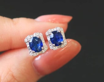 18K White Gold Sri Lanka Natural Sapphire Diamond Earrings, Natural Vivid Blue Sapphire Earrings, Stylish Earrings
