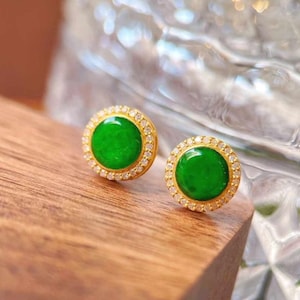 18K Yellow Gold Natural Top Green Type A Jadeite Jade Diamond Earrings, Natural Jade Diamond Earrings, Green Jade Earrings, Green Jade Stud