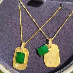 18K Gold Natural Diamond Natural Top Green Type A Jadeite Jade Pendant (Gold Necklace Chain Included), Natural Jade Pendant, Stylish Pendant