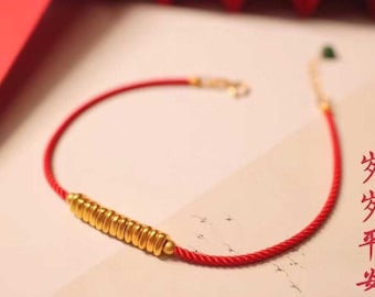 Pulsera de oro de 24 quilates con cuentas y hebilla de oro de 18 quilates, pulsera de cuerda roja, pulsera roja de la suerte, pulsera de hilo rojo dorado, pulsera de cordón rojo, aniversario