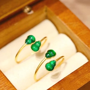 18K Yellow Gold Natural Top Green Type A Jadeite Jade Gourd 葫芦 Ring, Jade Gourd Ring, Green Jade Ring