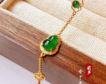 18K Yellow Gold Natural Top Green Type A Jadeite Jade Diamond Bracelet, Gourd Jadeite Bracelet, Gold Jade Bracelet, Green Jade Bracelet
