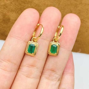 18K Yellow Gold Natural Emerald Hoop Earrings, Gold Hoops Earrings, Natural Emerald Earrings, Stylish Earrings, Dainty Gold Earrings
