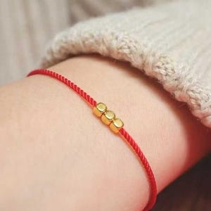 999 24K Gold Three Square Beads 18K Gold Bracelet Buckle Red Rope Bracelet, Red Lucky Bracelet, Gold Red String Bracelet, Red Cord Bracelet