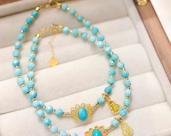 18K Gold Natural Blue Turquoise Bracelet, 18K Gold Sleeping Beauty Turquoise Bead Bracelet, Gold Turquoise Jewelry